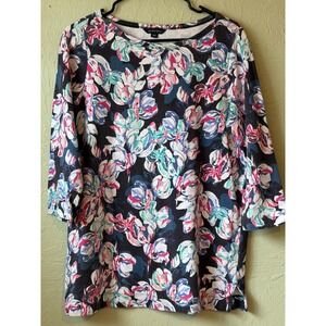 Lands End Womens Floral French Terry Sweatshirt 3/4 Sleeve Navy Pink Blue M